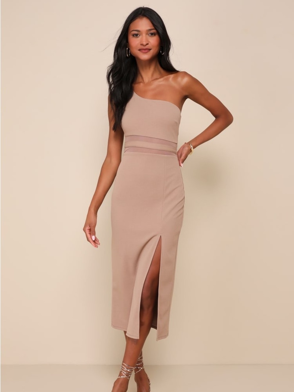 Lulus Minimalist Earth Tone  Taupe Mesh One‑Shoulder Bodycon Dress Size XS NWT